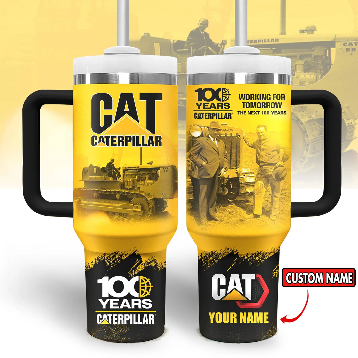 Custom Name CAT 100 Years Handle Tumbler