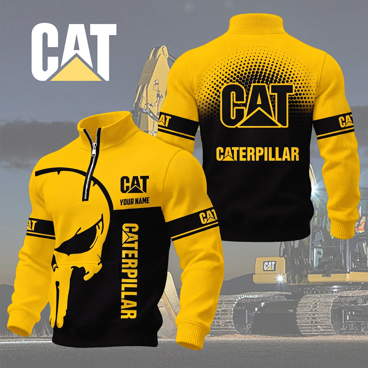 Personalized CAT Waffle Stand Collar Zip Hoodie Pockets